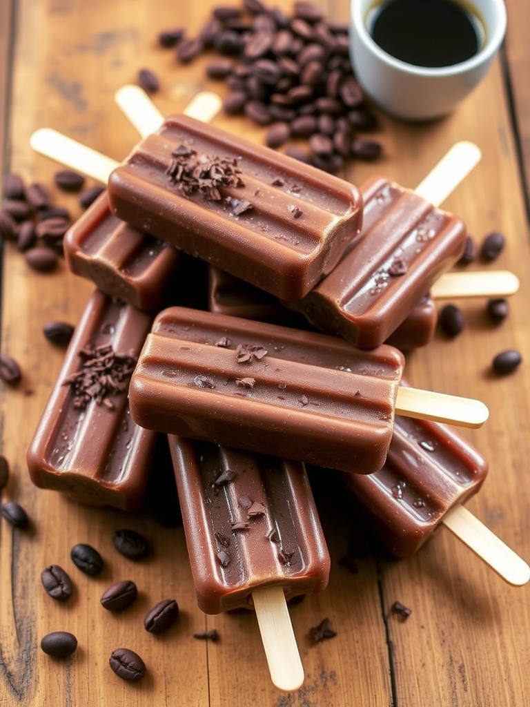 Decadent Iced Chocolate Mocha Popsicles Recipe Iced chocolate mocha popsicles with chocolate shavings on a wooden table, surrounded by coffee beans.
